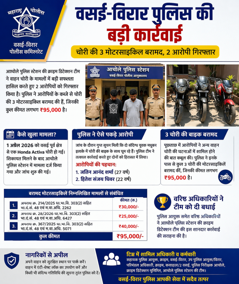 वसई-विरार पुलिस की बड़ी कार्रवाई: चोरी की 3 मोटरसाइकिल बरामद, 2 आरोपी गिरफ्तार