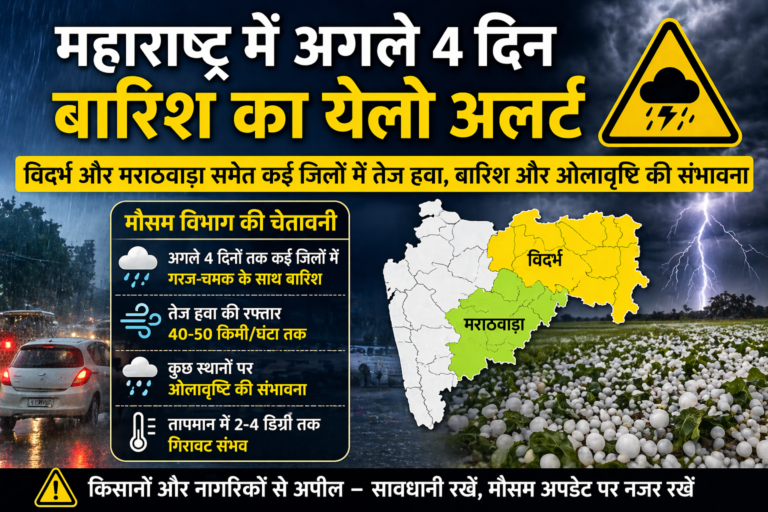 महाराष्ट्र में अगले 4 दिन बारिश का येलो अलर्ट, कई जिलों में तेज हवा और ओलावृष्टि की चेतावनी