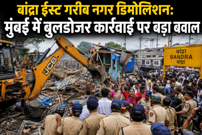 मुंबई के बांद्रा ईस्ट गरीब नगर में रेलवे और प्रशासन की बुलडोजर कार्रवाई के दौरान टूटे घर, भारी पुलिस बल और विरोध करते स्थानीय लोग।