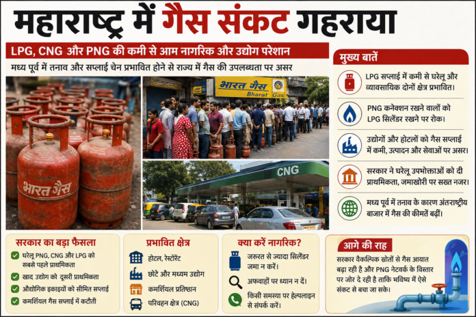 महाराष्ट्र में गैस संकट गहराया: LPG, CNG और PNG की कमी से बढ़ी परेशानी महाराष्ट्र में गैस संकट पर आधारित हिंदी इन्फोग्राफिक, जिसमें LPG सिलेंडर, गैस एजेंसी के बाहर लगी लंबी लाइनें, CNG स्टेशन पर वाहन और गैस सप्लाई से जुड़ी मुख्य जानकारी दिखाई गई है।