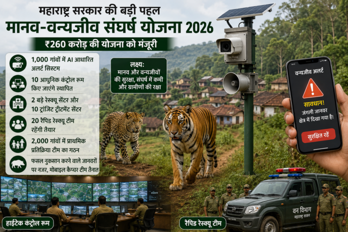 महाराष्ट्र मानव-वन्यजीव संघर्ष योजना 2026: 1,000 गांवों में AI अलर्ट सिस्टम शुरू महाराष्ट्र सरकार ने मानव-वन्यजीव संघर्ष कम करने के लिए ₹260 करोड़ की नई योजना शुरू की है। इसके तहत 1,000 गांवों में AI आधारित अलर्ट सिस्टम, रेस्क्यू टीम और हाईटेक कंट्रोल रूम बनाए जाएंगे।