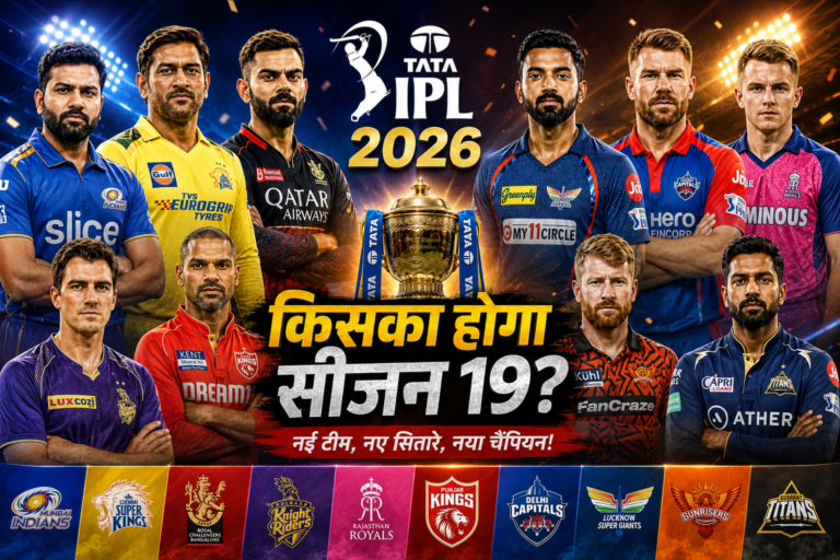 IPL 2026 का हिंदी क्रिकेट जिसमें सभी IPL टीमों के स्टार खिलाड़ी और बीच में IPL ट्रॉफी दिखाई गई है, साथ में लिखा है “किसका होगा सीजन 19?”