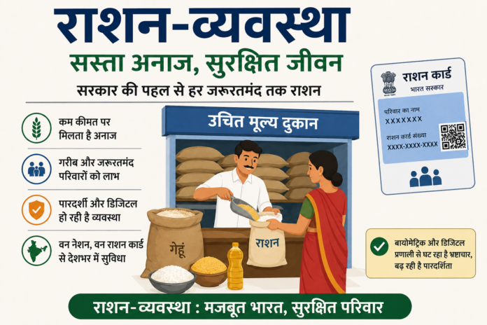राशन-व्यवस्था में बड़ा बदलाव : सस्ता अनाज, सुरक्षित जीवन उचित मूल्य की दुकान पर राशन वितरित करते दुकानदार और राशन कार्ड दिखाती महिला का चित्र, जिसमें डिजिटल राशन-व्यवस्था और सस्ते अनाज योजना को दर्शाया गया है।