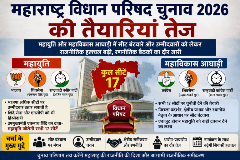 महाराष्ट्र विधान परिषद चुनाव 2026 को लेकर महायुति और महाविकास आघाड़ी के नेताओं की बैठक, सीट बंटवारे और उम्मीदवार चयन पर चर्चा करते हुए राजनीतिक दलों के प्रतिनिधि।