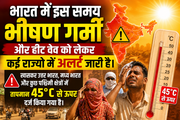 भारत में भीषण हीट वेव के दौरान 45°C से अधिक तापमान, गर्मी से परेशान लोग, भारत का नक्शा, चेतावनी संकेत और रेड अलर्ट दर्शाता समाचार थंबनेल।