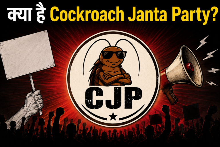 Cockroach Janta Party (CJP) पर आधारित एक थंबनेल, जिसमें बीच में कॉकरोच का प्रतीक चिन्ह, पीछे विरोध प्रदर्शन करती भीड़, मेगाफोन और लाल रंग की पृष्ठभूमि दिखाई दे रही है। ऊपर बड़े अक्षरों में लिखा है "क्या है Cockroach Janta Party?"