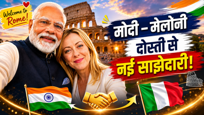 PM Modi और Giorgia Meloni की रोम में खास मुलाकात | भारत-इटली रिश्तों को नई मजबूती रोम के कोलोसियम के सामने प्रधानमंत्री नरेंद्र मोदी और इटली की प्रधानमंत्री जॉर्जिया मेलोनी की वायरल सेल्फी, भारत-इटली साझेदारी और रणनीतिक सहयोग को दर्शाती हुई।