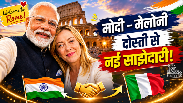 रोम के कोलोसियम के सामने प्रधानमंत्री नरेंद्र मोदी और इटली की प्रधानमंत्री जॉर्जिया मेलोनी की वायरल सेल्फी, भारत-इटली साझेदारी और रणनीतिक सहयोग को दर्शाती हुई।