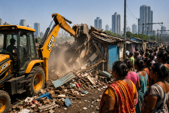 मुंबई में बड़ा बुलडोजर एक्शन: बांद्रा के गरीब नगर में टूटी झोपड़ियां मुंबई के बांद्रा इलाके में रेलवे परियोजना के दौरान जेसीबी मशीन द्वारा झोपड़ियां तोड़ी जा रही हैं, जबकि स्थानीय लोग कार्रवाई को देखते नजर आ रहे हैं।