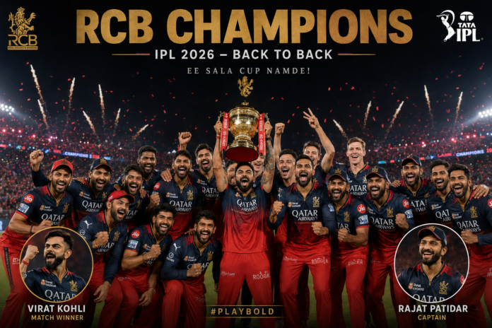 RCB बनी IPL 2026 की चैंपियन: लगातार दूसरी बार रचा इतिहास आईपीएल 2026 ट्रॉफी के साथ जश्न मनाती रॉयल चैलेंजर्स बेंगलुरु (RCB) की पूरी टीम। विराट कोहली और कप्तान रजत पाटीदार को विशेष रूप से दिखाया गया है, जबकि स्टेडियम में आतिशबाजी, रोशनी और उत्साहित प्रशंसक टीम की ऐतिहासिक जीत का जश्न मना रहे हैं।