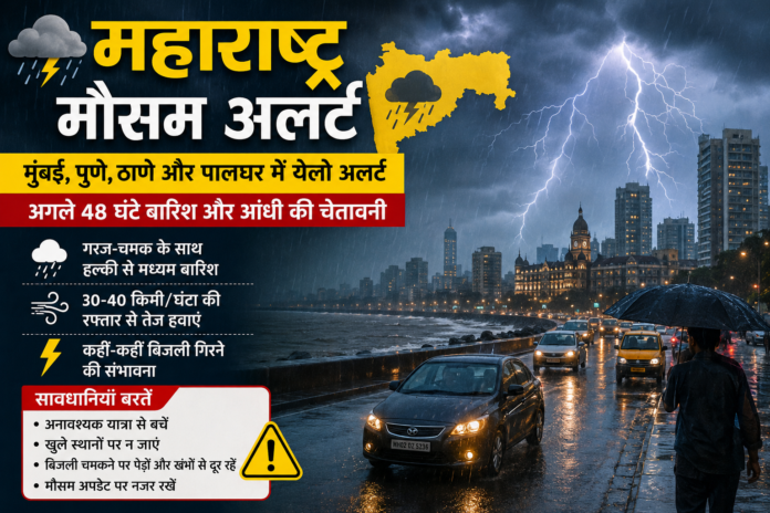 महाराष्ट्र मौसम अलर्ट: मुंबई, पुणे, ठाणे और पालघर में येलो अलर्ट, अगले 48 घंटे बारिश और आंधी की चेतावनी महाराष्ट्र मौसम अलर्ट से जुड़ी न्यूज़ ग्राफिक, जिसमें मुंबई का बारिश वाला दृश्य, बिजली चमकना, तेज बारिश, महाराष्ट्र का नक्शा और IMD द्वारा जारी येलो अलर्ट की जानकारी दिखाई गई है।