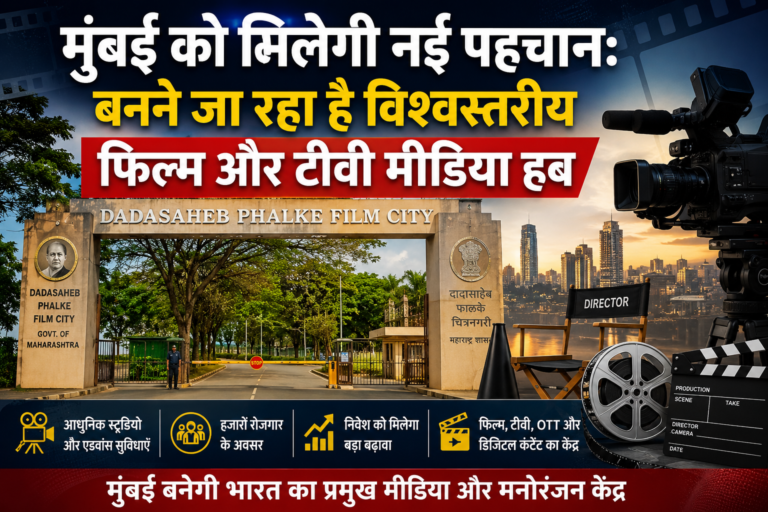 दादासाहेब फाल्के फिल्म सिटी के प्रवेश द्वार की पृष्ठभूमि में फिल्म कैमरा, निर्देशक की कुर्सी और मुंबई स्काईलाइन के साथ विश्वस्तरीय फिल्म एवं टीवी मीडिया हब परियोजना को दर्शाती हुई तस्वीर।