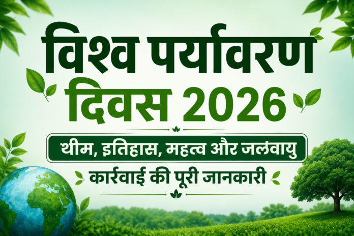 विश्व पर्यावरण दिवस 2026: जलवायु कार्रवाई के साथ हरित भविष्य की ओर भारत का संकल्प विश्व पर्यावरण दिवस 2026 का रंगीन पोस्टर, जिसमें भारत, पृथ्वी, पेड़, वन्यजीव, सौर ऊर्जा, पवन ऊर्जा और जलवायु कार्रवाई का संदेश दर्शाया गया है।