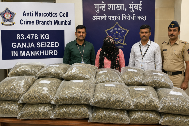 मुंबई क्राइम ब्रांच के अधिकारी जब्त किए गए गांजे के पैकेटों के साथ खड़े हैं। सामने बड़ी मात्रा में सीलबंद पैकेट रखे हुए हैं और पीछे एंटी-नारकोटिक्स सेल का आधिकारिक बोर्ड दिखाई दे रहा है।