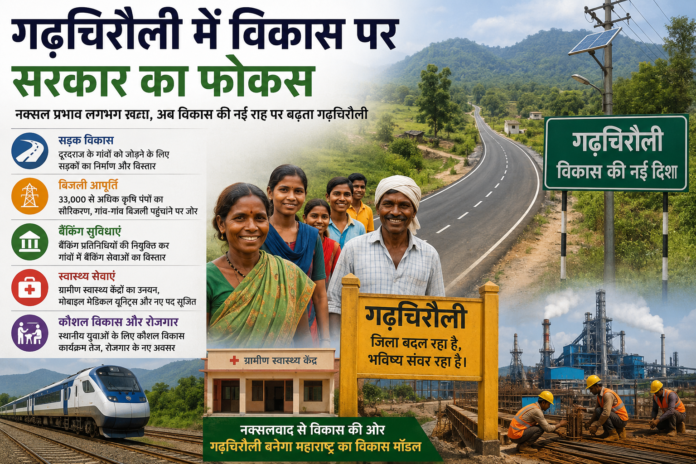 गढ़चिरौली में विकास पर सरकार का फोकस: नक्सलवाद से विकास की नई दिशा गढ़चिरौली जिले के विकास को दर्शाता एक पोस्टर, जिसमें नई सड़कें, सोलर बिजली व्यवस्था, ग्रामीण स्वास्थ्य केंद्र, रेलवे कनेक्टिविटी, औद्योगिक परियोजनाएं और स्थानीय आदिवासी नागरिक दिखाई दे रहे हैं। पोस्टर में जिले के नक्सलवाद से विकास की ओर बढ़ने की यात्रा को दर्शाया गया है।