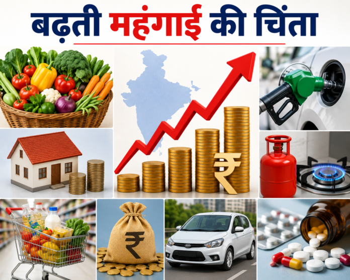 भारत में बढ़ती महंगाई को दर्शाता एक इन्फोग्राफिक, जिसमें सब्जियां, पेट्रोल पंप, LPG गैस सिलेंडर, घर, दवाइयां, किराना सामान, रुपये का प्रतीक और ऊपर जाती लाल ग्राफ लाइन दिखाई गई है, जो बढ़ती कीमतों और आम आदमी पर पड़ रहे आर्थिक दबाव को दर्शाती है।