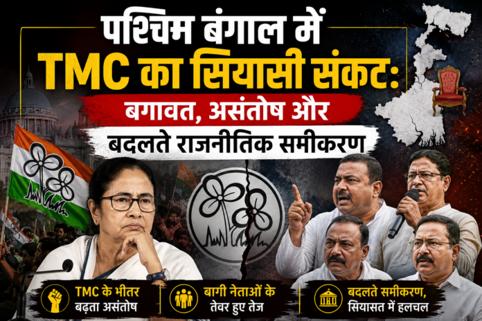 पश्चिम बंगाल में TMC का सियासी संकट: बगावत, असंतोष और बदलते राजनीतिक समीकरण पश्चिम बंगाल की राजनीति पर आधारित एक समाचार ग्राफिक, जिसमें ममता बनर्जी, TMC का पार्टी चिन्ह, पश्चिम बंगाल का नक्शा और पार्टी के भीतर बढ़ते असंतोष व राजनीतिक संकट को दर्शाया गया है।