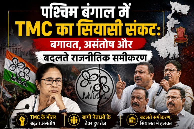 पश्चिम बंगाल की राजनीति पर आधारित एक समाचार ग्राफिक, जिसमें ममता बनर्जी, TMC का पार्टी चिन्ह, पश्चिम बंगाल का नक्शा और पार्टी के भीतर बढ़ते असंतोष व राजनीतिक संकट को दर्शाया गया है।