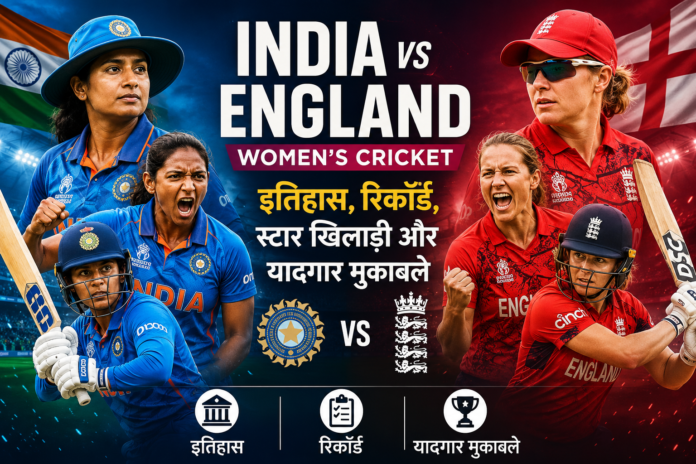 भारत बनाम इंग्लैंड महिला क्रिकेट: इतिहास, रिकॉर्ड, स्टार खिलाड़ी और यादगार मुकाबले भारत और इंग्लैंड महिला क्रिकेट टीमों की खिलाड़ियों के साथ बनाया गया एक स्पोर्ट्स पोस्टर, जिसमें दोनों देशों के झंडे, क्रिकेट स्टेडियम की पृष्ठभूमि और महिला क्रिकेट प्रतिद्वंद्विता को दर्शाया गया है।