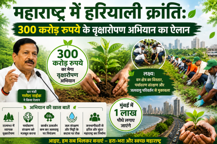 महाराष्ट्र सरकार के 300 करोड़ रुपये के वृक्षारोपण अभियान को दर्शाता एक हिंदी समाचार पोस्टर, जिसमें वन मंत्री गणेश नाईक, पौधारोपण करते स्वयंसेवक, हरे-भरे पेड़, मुंबई का स्काईलाइन दृश्य और पर्यावरण संरक्षण से जुड़े प्रमुख बिंदु दिखाए गए हैं।