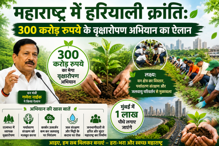 महाराष्ट्र सरकार के 300 करोड़ रुपये के वृक्षारोपण अभियान को दर्शाता एक हिंदी समाचार पोस्टर, जिसमें वन मंत्री गणेश नाईक, पौधारोपण करते स्वयंसेवक, हरे-भरे पेड़, मुंबई का स्काईलाइन दृश्य और पर्यावरण संरक्षण से जुड़े प्रमुख बिंदु दिखाए गए हैं।