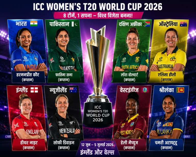 ICC Women's T20 World Cup 2026 का एक आकर्षक पोस्टर, जिसके बीच में विश्व कप ट्रॉफी दिखाई दे रही है। ट्रॉफी के चारों ओर भारत, पाकिस्तान, दक्षिण अफ्रीका, ऑस्ट्रेलिया, इंग्लैंड, न्यूज़ीलैंड, वेस्टइंडीज और श्रीलंका की महिला क्रिकेट टीमों की कप्तानों के चित्र उनकी राष्ट्रीय जर्सी में प्रदर्शित हैं। पृष्ठभूमि में रोशनी से जगमगाता क्रिकेट स्टेडियम दिखाई देता है, जो टूर्नामेंट के रोमांच और प्रतिस्पर्धा को दर्शाता है।