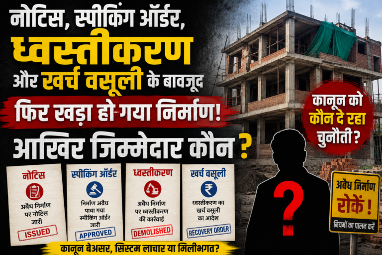 समाचार शैली का पोस्टर जिसमें अधूरा बहुमंजिला निर्माण, आधिकारिक नोटिस, स्पीकिंग ऑर्डर, ध्वस्तीकरण और खर्च वसूली के दस्तावेज दिखाए गए हैं। पोस्टर में बड़ा हिंदी शीर्षक और “आखिर जिम्मेदार कौन?” सवाल प्रमुखता से दिखाई देता है।