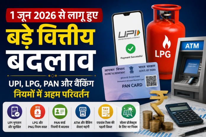 1 जून 2026 से लागू नए वित्तीय नियमों को दर्शाता हुआ हिंदी न्यूज़ थंबनेल, जिसमें UPI भुगतान, LPG गैस सिलेंडर, PAN कार्ड, ATM मशीन और बैंकिंग से जुड़े महत्वपूर्ण बदलाव दिखाए गए हैं।