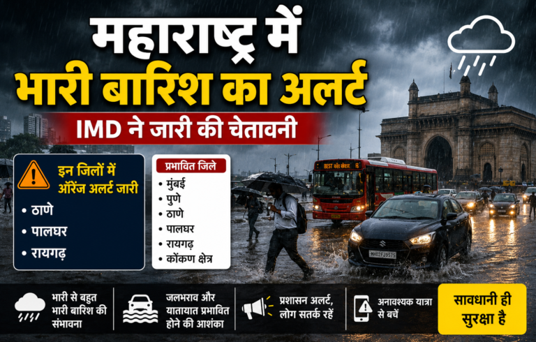 महाराष्ट्र में भारी बारिश का अलर्ट: मुंबई, पुणे समेत कई जिलों में IMD की चेतावनी, ऑरेंज अलर्ट जारी