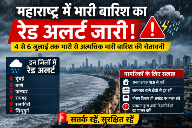 महाराष्ट्र में भारी बारिश का रेड अलर्ट: कई जिलों में 6 जुलाई तक सतर्क रहने की सलाह